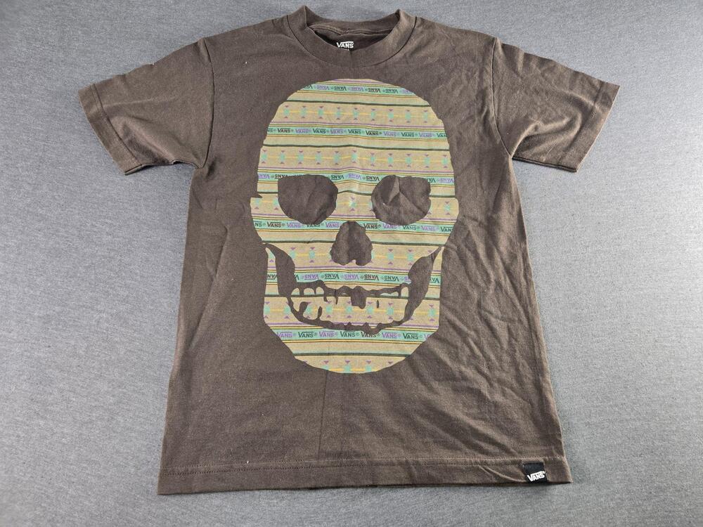 Vans Shirt Mens Small Brown Skull Graphic Skateboarding Logo Casual Tee
